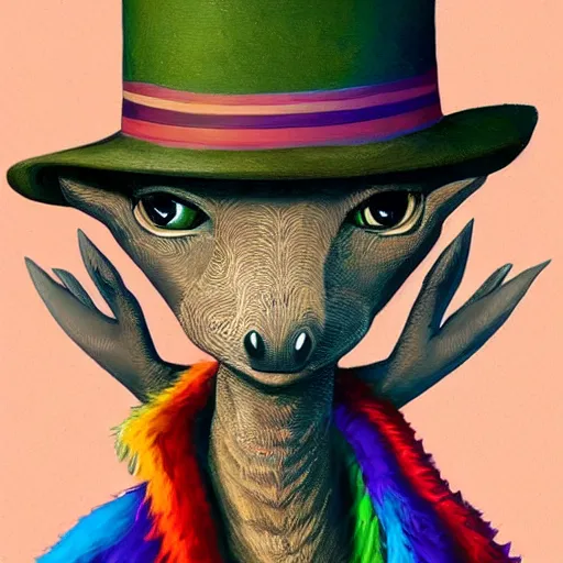 Prompt: a dik dik monster with tattoos wearing a fedora hat, colorful, digital art, fantasy, magic, trending on artstation, ultra detailed, professional illustration by basil gogos