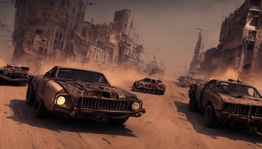 Prompt: racing in the streets of destroyed marseille in mad max, lightning, sandstorm, cars, hyperdetailed, artstation, cgsociety, 8 k