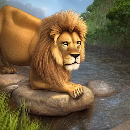 Image similar to a lion in the river very well drawn, cartoon for small children of 3 years, smooth, sharp focus, illustration, ArtStation