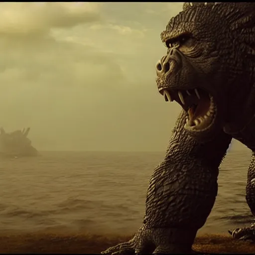 Prompt: godzilla versus kong, still from a movie by wes anderson, cinematic!, hyperreal, eerie, wide angle, insanely detailed, god rays, 3 5 mm