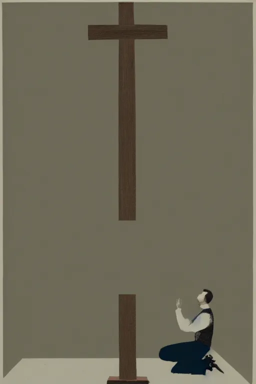 Image similar to man kneeling at the base of a wooden cross, 1960’s minimalist advertising illustration, painterly