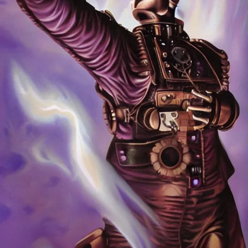 Prompt: steampunk android that emits purple fog, by alex ross