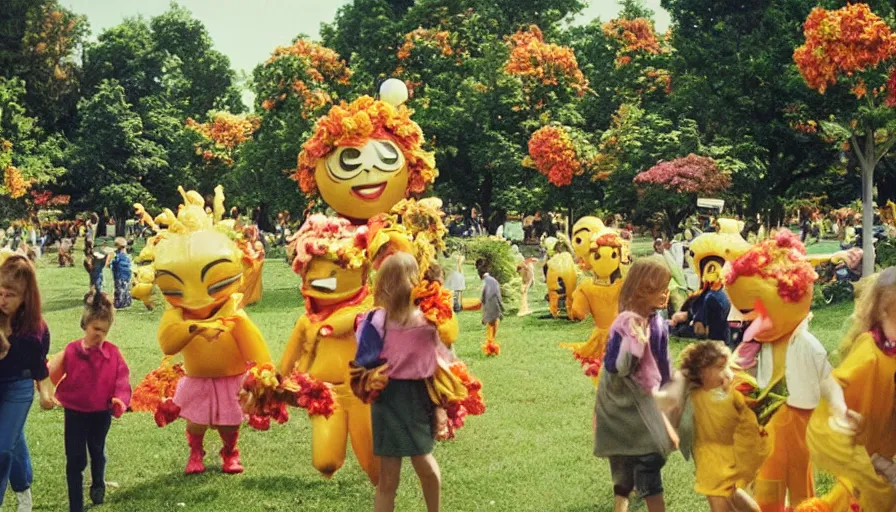 Image similar to 1990s candid photo of a beautiful day at the park, cinematic lighting, cinematic look, golden hour, large personified costumed flower people in the background, Enormous flower people mascots with friendly faces chasing kids, kids talking to flower people that are kinda scary, UHD