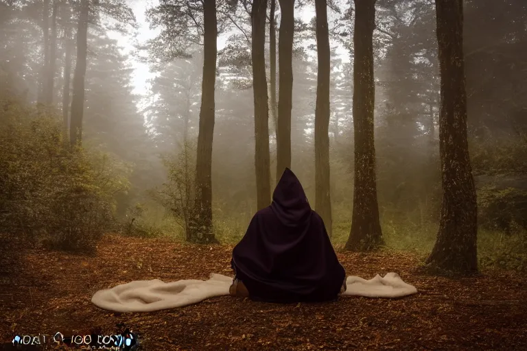 Image similar to hooded knight in a cape and shiny armour meditating in a foggy forest at dusk by a river professional photography, elegant, highly detailed, sharp focus