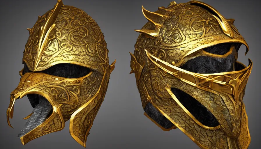 Image similar to viking dragon helmet, made from gold, photorealistic render