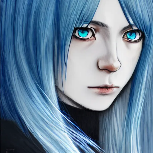 Image similar to drawing of rimuru tempest, sky blue straight hair, long bangs, with amber eyes, wearing a black jacket, high collar, ultra detailed, brush strokes, skin texture, digital painting, cinematic, wlop artstation, closeup, pixiv, eerie, scary, intimidating glare, evil, junji ito, yoshitaka amano