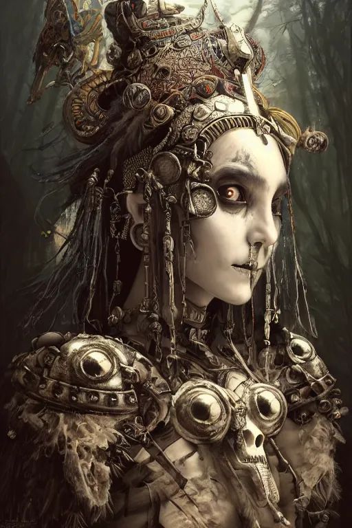 Image similar to A masterpiece ultrarealistic portrait of a Irresistible technopriest tribal-shaman-knight-witch-ghost with Skull Iron mask. baroque renaissance girl in the night forest. medium shot, intricate, elegant, highly detailed. trending on artstation, digital art, by Stanley Artgerm Lau, WLOP, Rossdraws, James Jean, Andrei Riabovitchev, Marc Simonetti, Yoshitaka Amano. background by James Jean and Gustav Klimt, light by Julie Bell, 4k, porcelain skin.