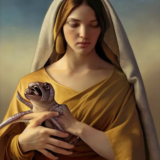 Prompt: surrealist close up illustration of the virgin mary holding a reptile, highly detailed, digital painting, concept art, smooth, sharp focus, illustration, absurd, humorous, photoshop, art by artgerm and greg rutkowski and alphonse mucha