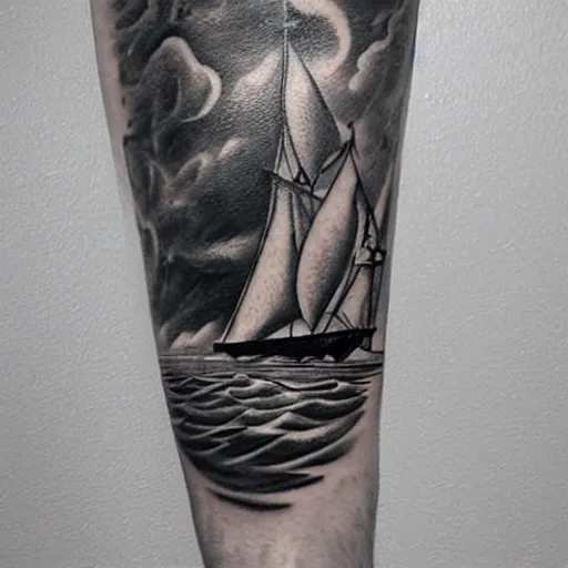 Image similar to a pirate ship sailing in the sea, realism tattoo design, white background, by Matteo Pasqualin tattoo artist