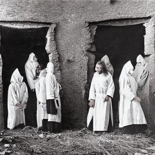 Image similar to worshippers dressed in robes belonging to the cult of the lighthouse. Dilapidated 1800s lighthouse. 1800s photo. Very detailed and clear image.
