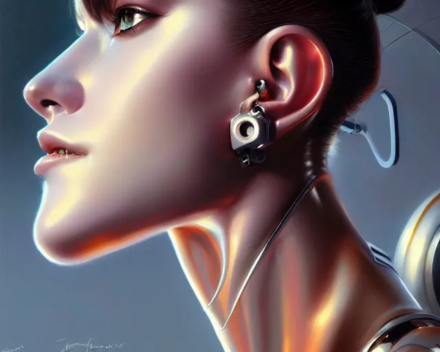 Image similar to a ultradetailed beautiful portrait painting of a stylish female cyborg, chrome plated, oil painting, by hajime sorayama, greg rutkowski and makoto shinkai, trending on artstation