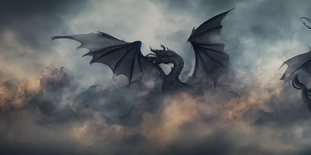 Image similar to muted colorful smoke, smoke shaped very vague dim smoky reminiscent (outline) of dragons racing with outstretched wings, smoke, distant villagescape in the distance, cgsociety, HDR