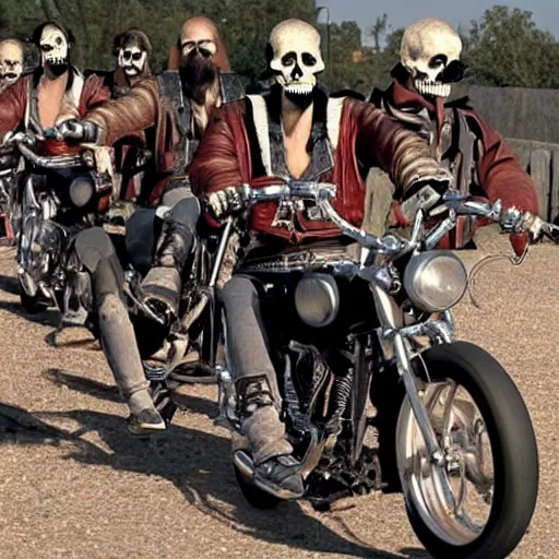Prompt: outlaw bikers, as skeletons