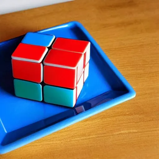 Image similar to a rubix cube on a plate on a table, drawn like a child