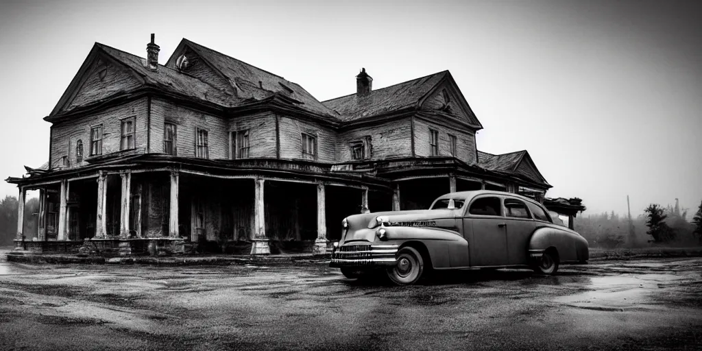 Prompt: Lovecraft Country, ultra detailed haunted house, rain, establishing atmospheric shot, unreal engine, F11 aperture, night, volumetric fog, lighting and thunder, film grain, ultra detailed grey 1948 Packard Station Sedan parked in the street,