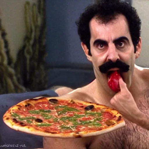 Image similar to borat eating pizza, wet, sloppy gross, obnoxious