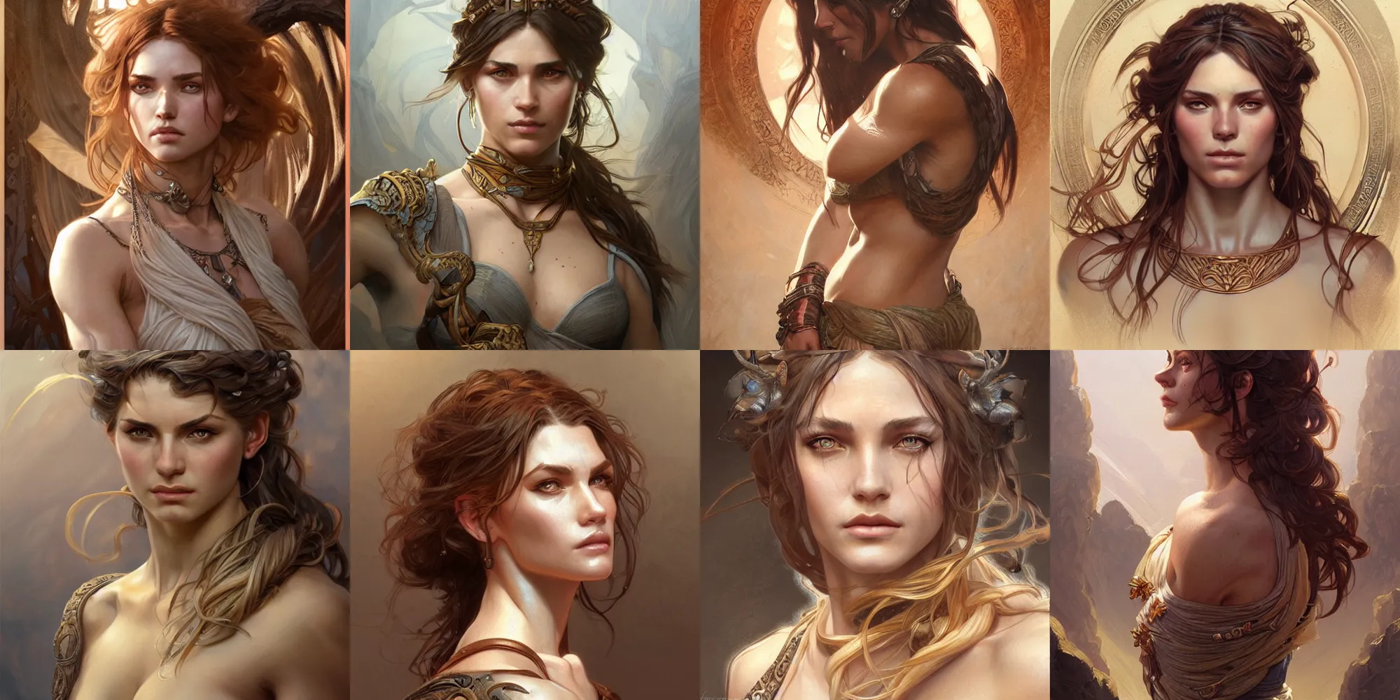 Prompt: portrait of rugged female, greek goddess d & d, muscular, fantasy, intricate, elegant, highly detailed, digital painting, artstation, concept art, smooth, sharp focus, illustration, art by artgerm and greg rutkowski and alphonse mucha