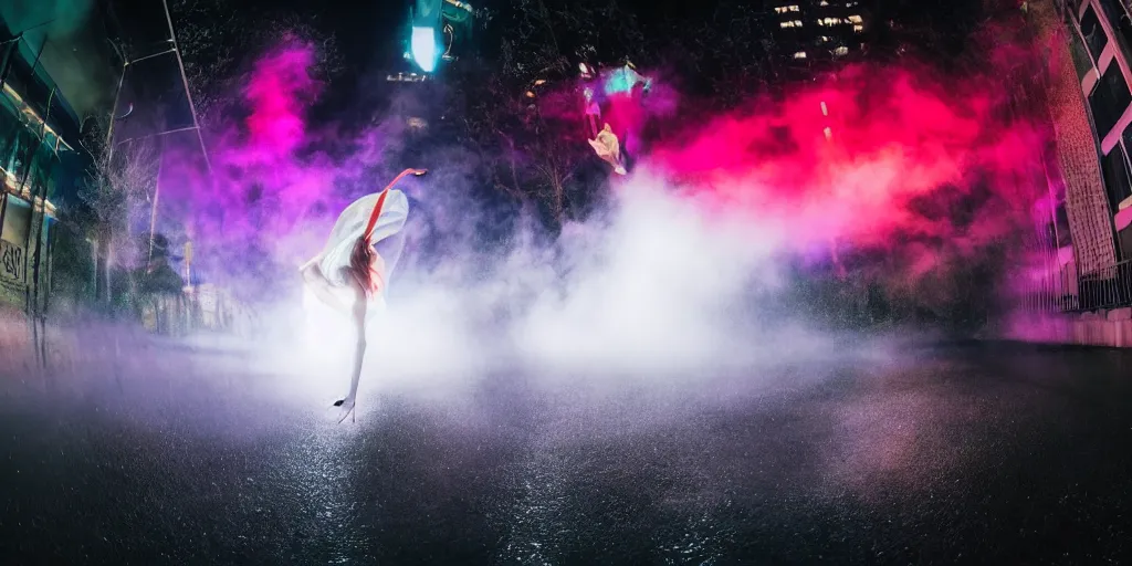 Prompt: fisheye lens slow motion with trail effect of beautiful break dancer wearing floating long dress with neon lights, long exposure shot , at night in the middle of a rainy wet street, paddle of water, steam, fog, water splashes, rim lights, glossy reflections, water droplets on lens, octane render, dark and dramatic, fire explosions in the background, detailed and soft, fisheye lens, smooth, sharp focus, illustration, art by artgerm and greg rutkowski and Annie Leibovitz, graphic glitches