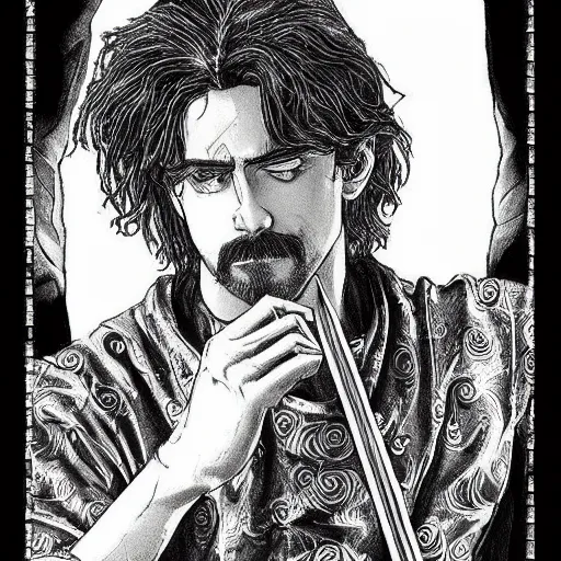 Image similar to black and white pen and ink!!!! aesthetic instagram artstation trending royal! nordic goetic young Frank Zappa x handsome Kyle Maclachlan golden!!!! Vagabond!!!! floating magic swordsman!!!! glides through a beautiful!!!!!!! floral!! battlefield dramatic esoteric!!!!!! pen and ink!!!!! illustrated in high detail!!!!!!!! by Koyoharu Gotouge and Hiroya Oku!!!!!!!!! graphic novel published on 2049 award winning!!!! full body portrait!!!!! action exposition manga panel black and white Shonen Jump issue by David Lynch eraserhead and Frank Miller beautiful line art Hirohiko Araki