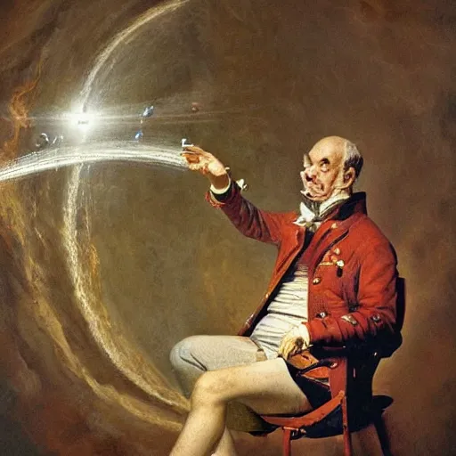 Prompt: A sculpture. A rip in spacetime. Did this device in his hand open a portal to another dimension or reality?! by William Powell Frith, by Vivienne Westwood