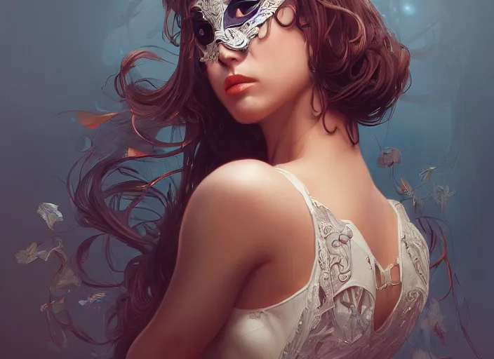 Prompt: masked, perfectly-centered-Portrait of the most beautiful woman on the planet , intricate, highly detailed, artstation, concept art, concept render, octane, redshift, smooth, sharp focus, illustration,award-winning, Unreal Engine 5, 8K, art by artgerm and greg rutkowski and alphonse mucha