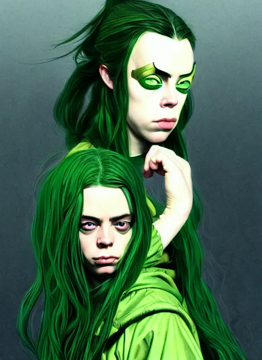 Image similar to Billie Eilish as Female Loki, very detailed, digital art, trending on artstation, fan art, concept art, smooth, illustration, art by Katsuhiro Otomo and Geof Darrow and Phil hale and Ashley wood