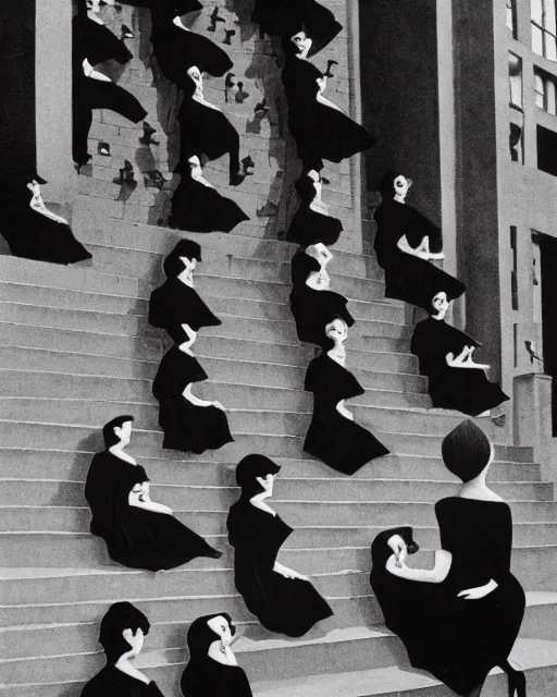 Image similar to a group of women in black dresses sitting on steps, a screenshot m. c. escher and pascal blanche and frank frazetta, behance, vorticism, reimagined by industrial light and magic, movie still, elite