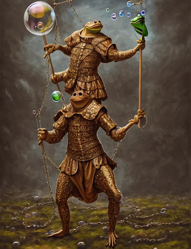 Image similar to anthropomorphic bipedal frog that is dressed as a renaissance fighter, and holding a giant flail on a chain, as a matte oil painting and d & d character art, by alex grey, standing, fullbody, floating bubbles, mystic, fog, fractals, spirals, concept art, award - winning, extremely detailed, sharp focus