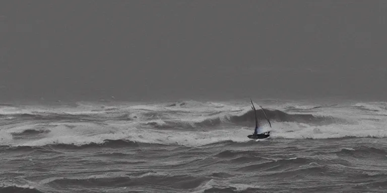 Prompt: a black and white photo of a stormy ocean with a single small boat in the waves, an album cover by raoul de keyser, trending on behance, optical illusion, cosmic horror, concert poster, poster art, geometric, noise