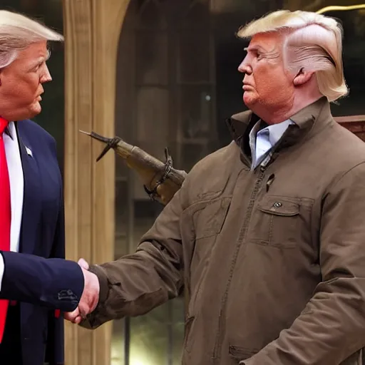 Image similar to nathan drake from uncharted shaking hands with donald trump