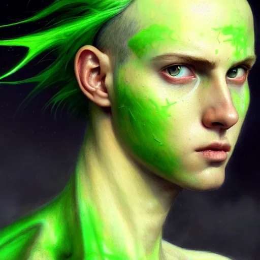 Image similar to portrait painting of a post - apocalyptic bright green haloed bald androgynous teenager with white eyes and green halo, ultra realistic, concept art, intricate details, eerie, highly detailed, photorealistic, octane render, 8 k, unreal engine. art by artgerm and greg rutkowski and charlie bowater and magali villeneuve and alphonse mucha