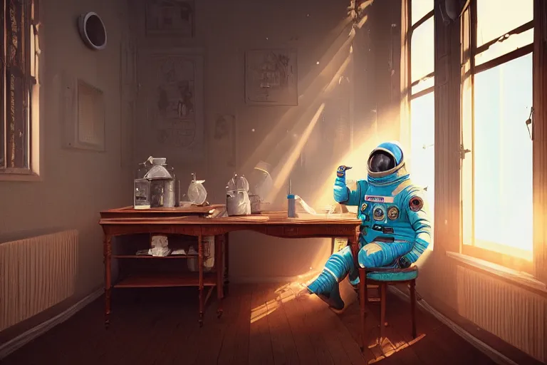 Image similar to a single cosmonaut in a spacesuit drinks a steaming cup of tea at an old wooden desk in a richly decorated Victorian house. the autumn light comes in through a window and dimly illuminates the room, diffuse light, octane render