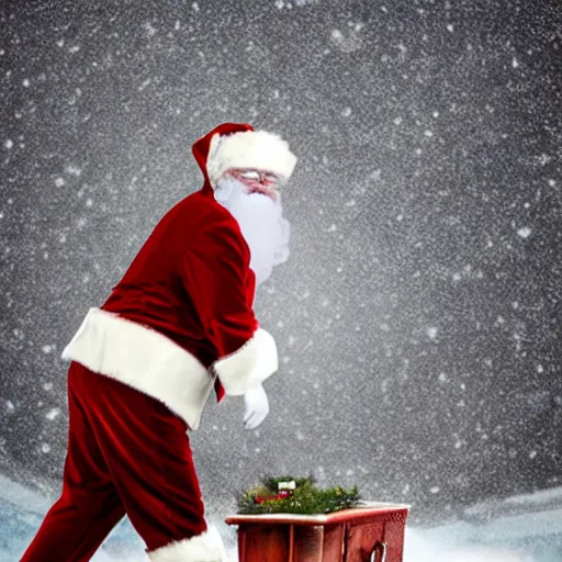 Prompt: Santa escaping from his coffin in the ground