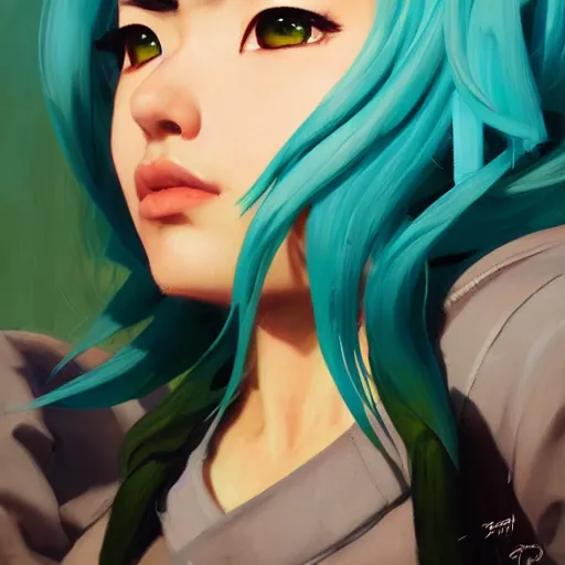 Image similar to greg manchess portrait painting of asada shino sinon as overwatch character, turquoise hair, medium shot, asymmetrical, profile picture, organic painting, sunny day, matte painting, bold shapes, hard edges, street art, trending on artstation, by huang guangjian and gil elvgren and sachin teng