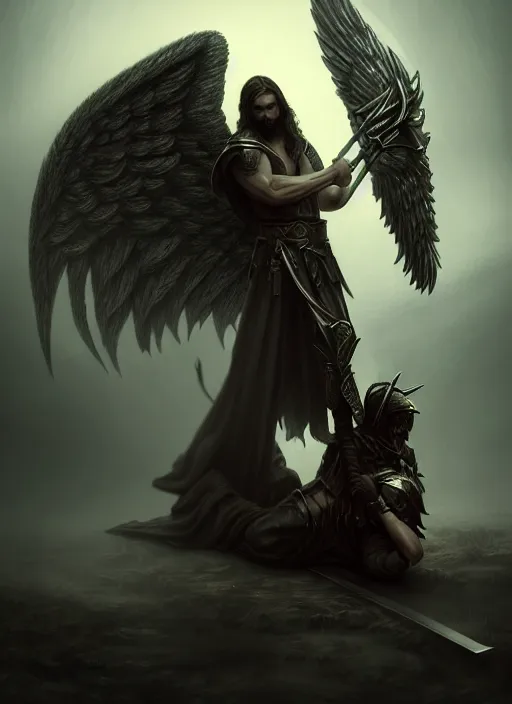 Image similar to fantasy art, fallen man angel kneeling on the knees with a sword and shield, close-up, bokeh. dark art masterpiece artstation. 8k, sharp high quality illustration in style of Jose Daniel Cabrera Pena and Leonid Kozienko, Tooth Wu, studio lighting. angel with big wings