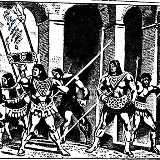 Prompt: a comicbook scene of Aztec warriors conquering Madrid in 1492 at King Ferdinand\'s Palace comicbook illustration by Jack Kirby