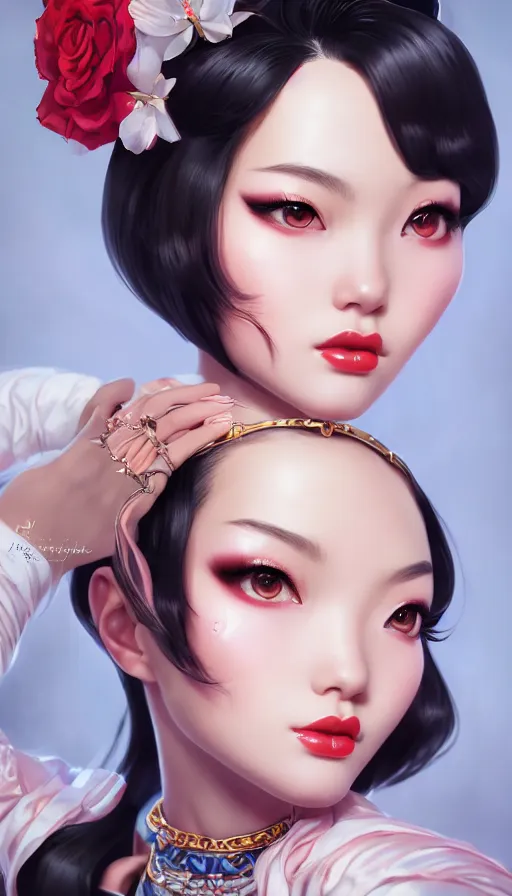 Image similar to a pin up and beautiful fashion and charming and dreamlke asian girl, lv jewelry, art by artgerm & jeehyung lee & wlop, hyperdetailed, 8 k realistic, symmetrical, frostbite 3 engine, cryengine, dof, trending on artstation, digital art