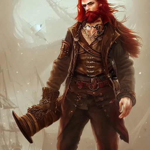 Image similar to rugged ship captain, male, handsome, red hair, long hair, handsome, fantasy, intricate, elegant, highly detailed, steampunk, digital painting, artstation, concept art, character art, smooth, sharp focus, illustration, art by artgerm