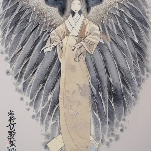 Image similar to highly detailed japanese watercolor painting of an angel in flight, intricate, elegant, digital painting, artstation