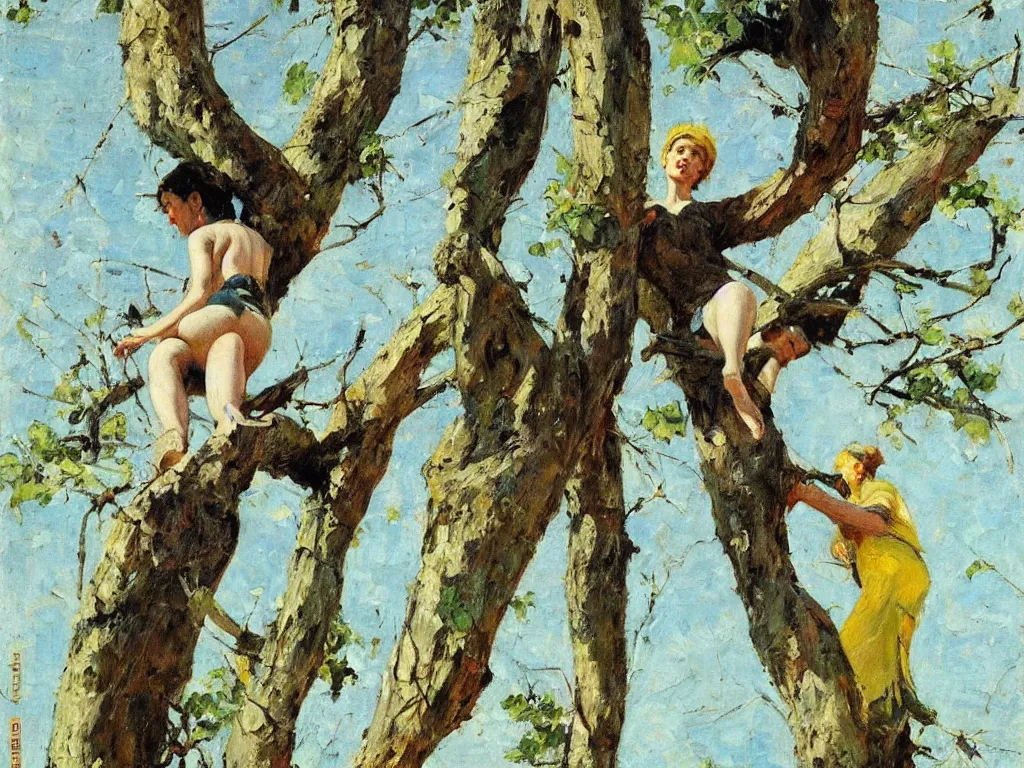 Prompt: single woman climbing a tree, 1 9 6 0, denis sarazhin, oil on canvas