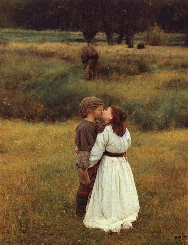 Image similar to peasant boy and girl first kiss, on a village, Cinematic focus, Polaroid photo, vintage, neutral colors, soft lights, foggy, by Steve Hanks, by Serov Valentin, by lisa yuskavage, by Andrei Tarkovsky oil on canvas