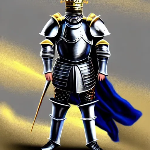 Prompt: full body!!!!!!, knights armor, donald trump, crown, donald trump's face!!!!!, detailed face, painting of a knight, boots, medieval castle background, valiant, concept art, by hans thoma