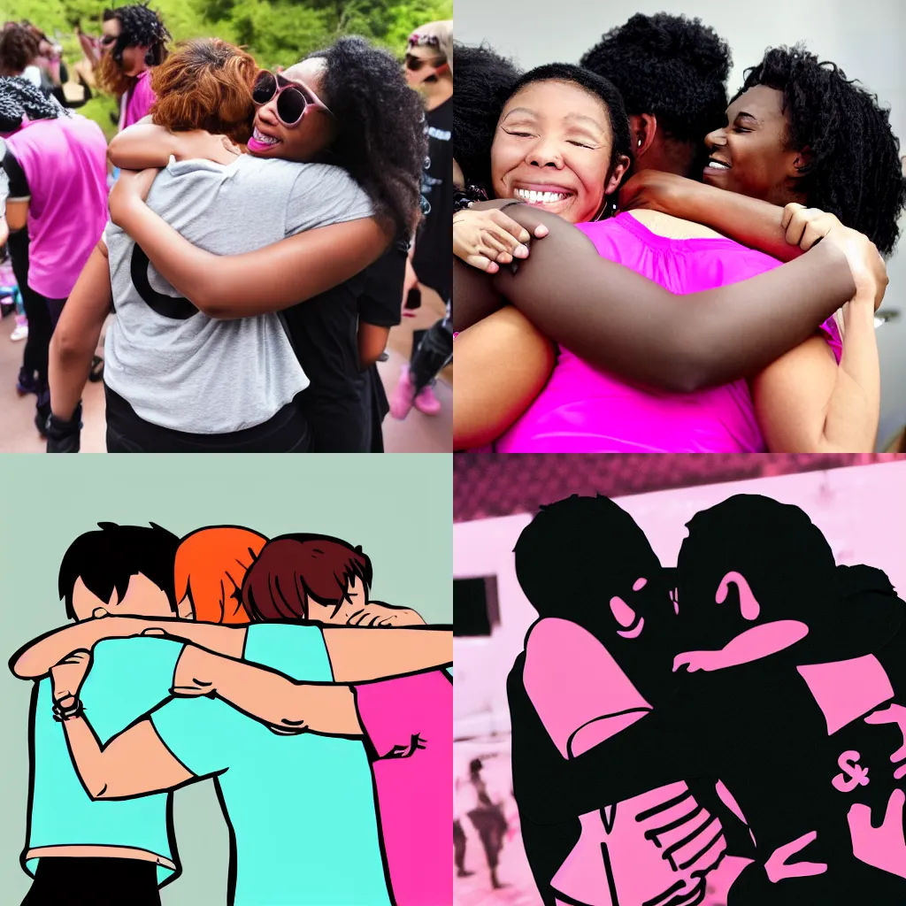 Prompt: among us black and pink crewmates hugging