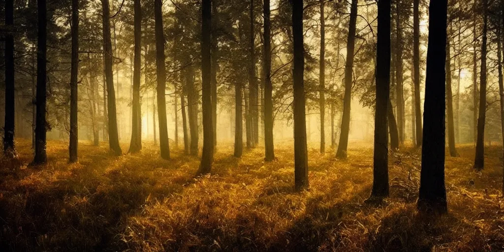 Image similar to swedish forest, photoreal, dawn, hazy, fog, golden hour, sunlight, beautiful!!!!!!!!!, cinematic, atmospheric
