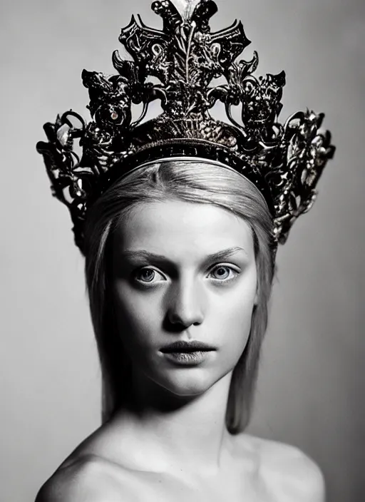 Prompt: young blonde woman in renaissance dress and renaissance headdress, photograph by gian paolo barbieri