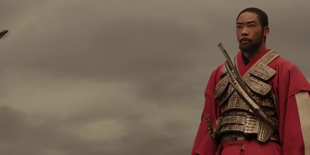 Image similar to a film still of a light skinned black man starring as an ancient samurai in a japanese blockbuster film, the sky is red, shallow depth of field, cinematic, award winning cgi, vfx, film still