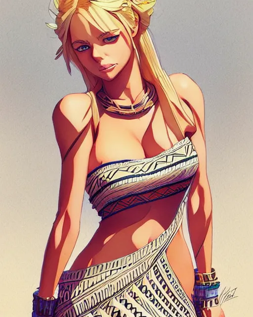 Image similar to blond woman in a tribal ripped dress, by artgerm, by studio muti, greg rutkowski makoto shinkai takashi takeuchi studio ghibli