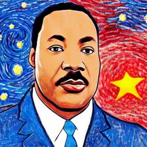Prompt: “Dr.King is resurrected and demands reparations from Joe Biden in a Starry night style”