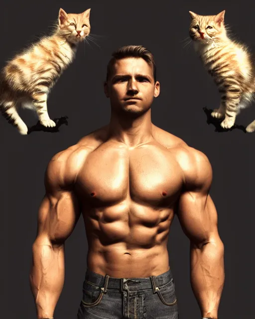 Image similar to muscular man with kittens growing out of his muscles, artstation, color studio portrait, golden ratio, backlit, detailed eyes,