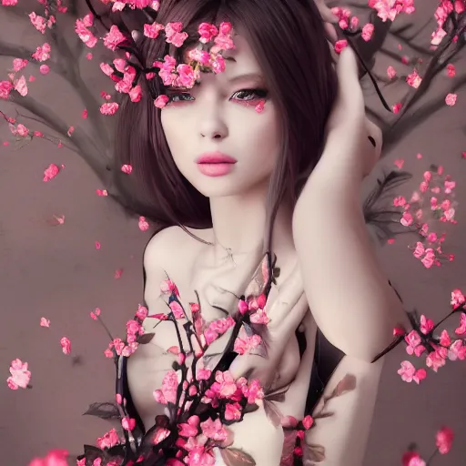 Image similar to beautiful girl in a dress made of black roses and cherry blossoms, beautiful portrait, symmetrical, character concept style trending on artstation concept art detailed octane render cinematic photo - realistic 8 k high detailed